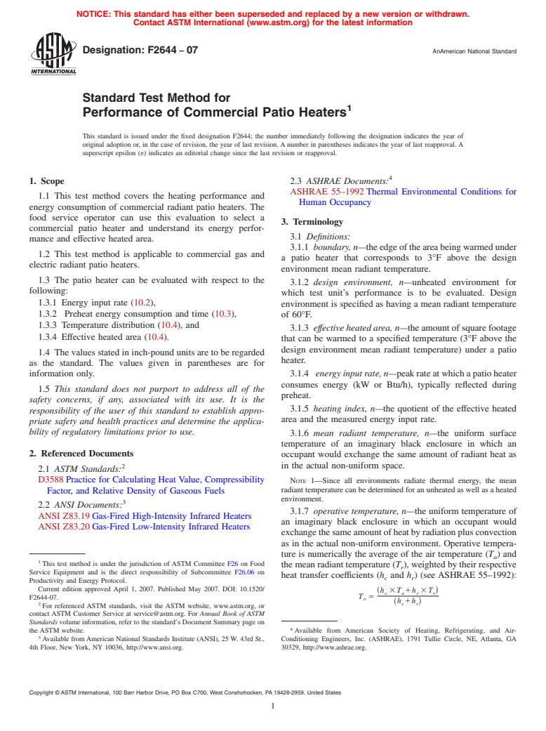 ASTM F2644-07 - Standard Test Method for Performance of Commercial Patio Heaters