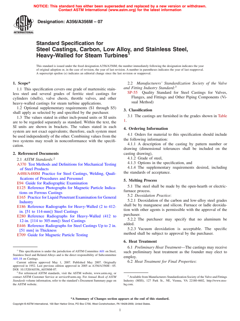 ASTM A356/A356M-07 - Standard Specification for Steel Castings, Carbon, Low Alloy, and Stainless Steel, Heavy-Walled for Steam Turbines