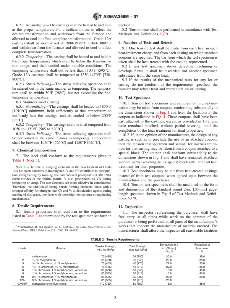 ASTM A356/A356M-07 - Standard Specification for Steel Castings, Carbon, Low Alloy, and Stainless Steel, Heavy-Walled for Steam Turbines