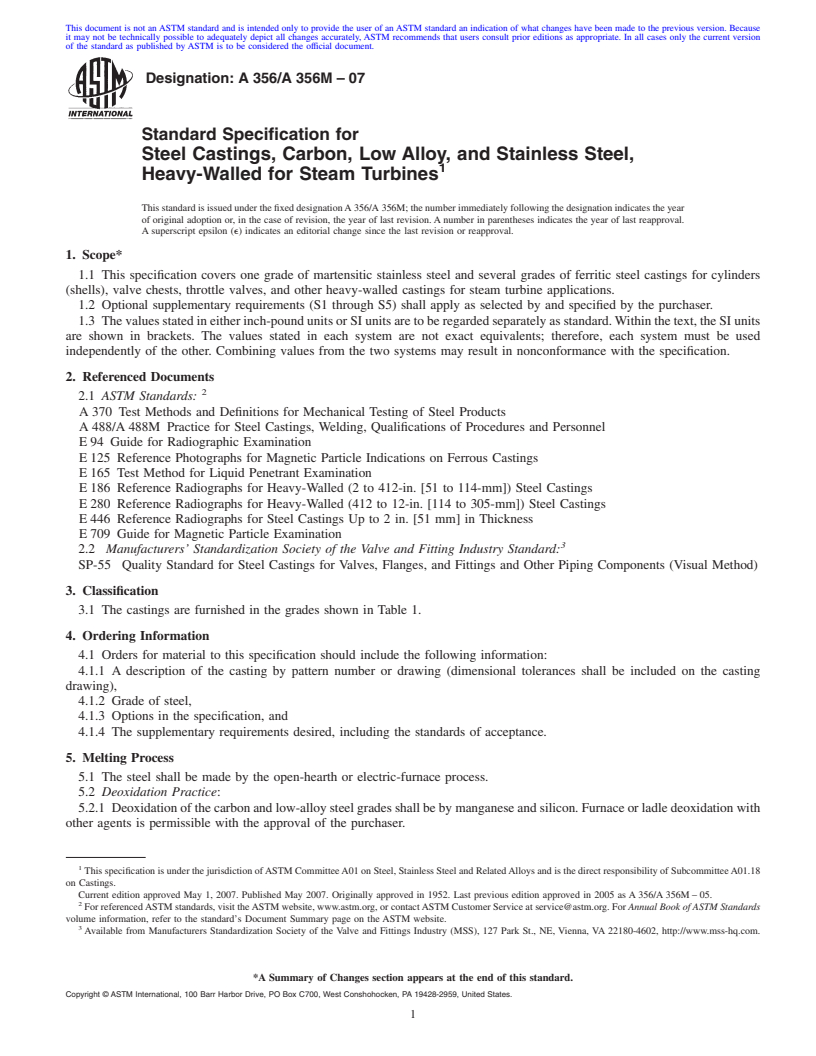 REDLINE ASTM A356/A356M-07 - Standard Specification for Steel Castings, Carbon, Low Alloy, and Stainless Steel, Heavy-Walled for Steam Turbines