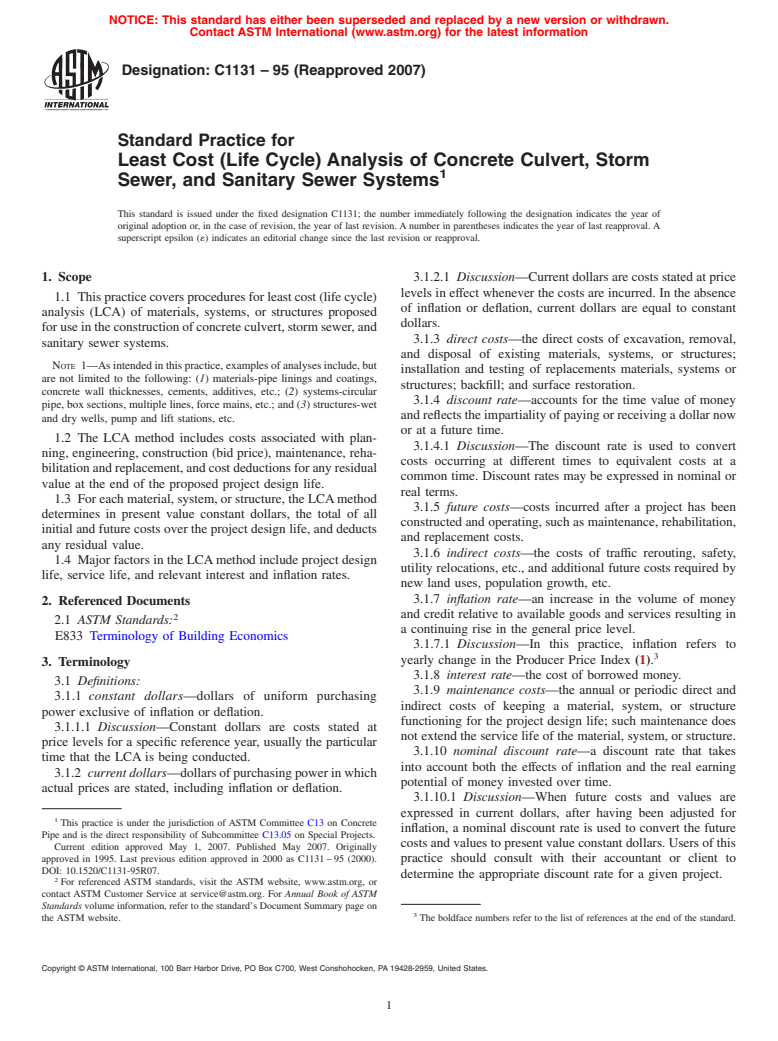 ASTM C1131-95(2007) - Standard Practice for Least Cost (Life Cycle) Analysis of Concrete Culvert, Storm Sewer, and Sanitary Sewer Systems