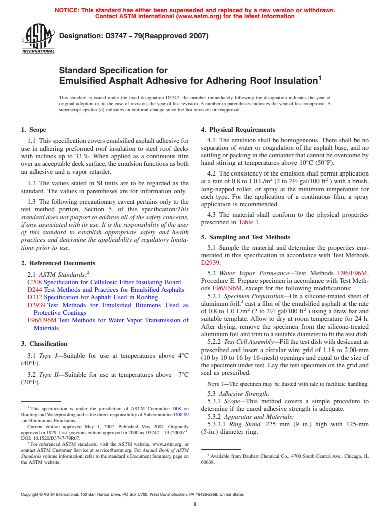 ASTM D3747-79(2007) - Standard Specification for Emulsified Asphalt Adhesive for Adhering Roof Insulation (Withdrawn 2016)