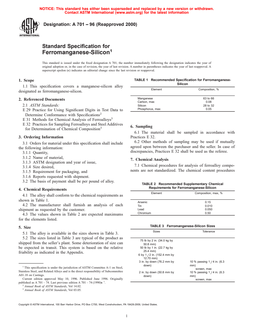 ASTM A701-96(2000) - Standard Specification for Ferromanganese-Silicon