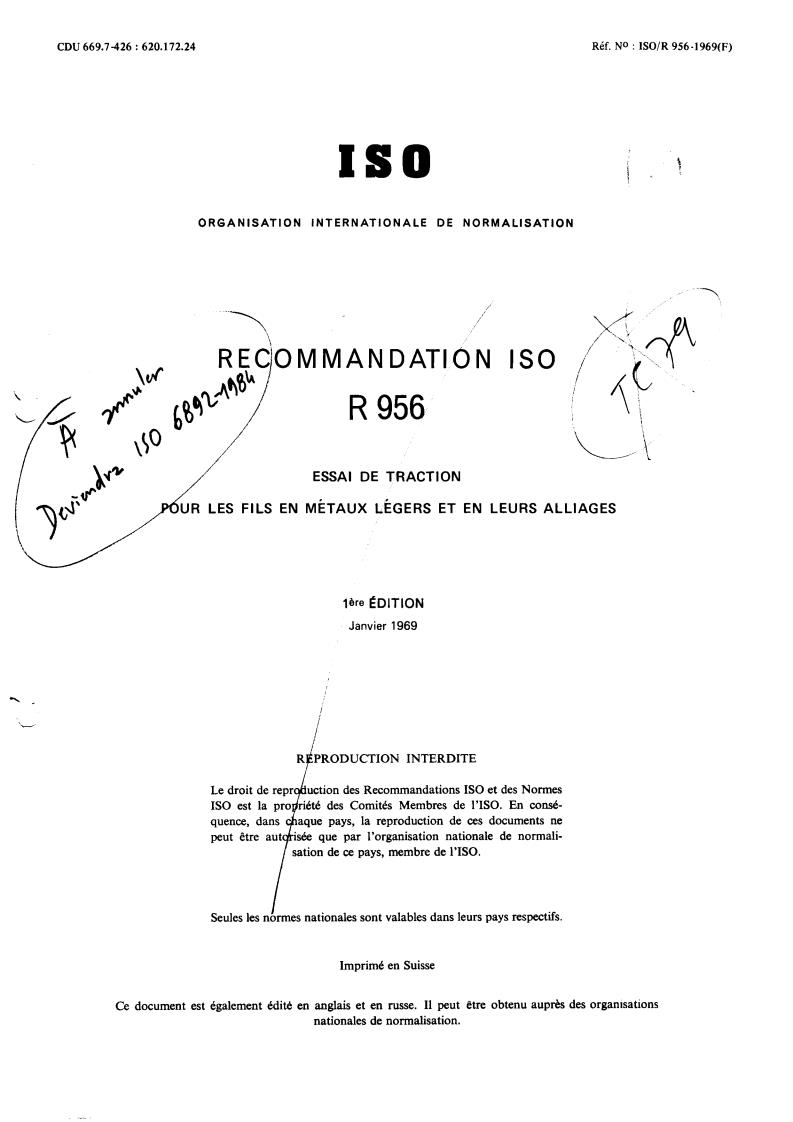 ISO/R 956:1969 - Tensile test for light metal and light metal alloy wires
Released:1/1/1969