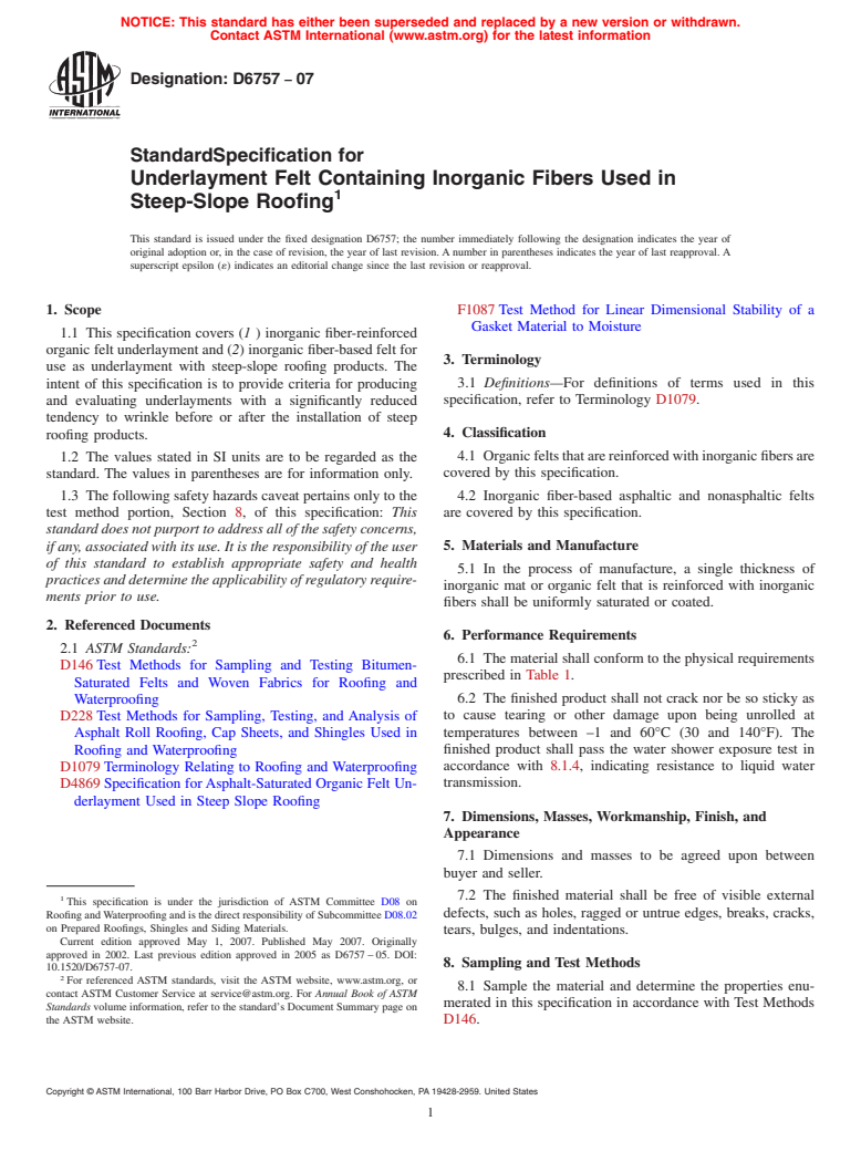 ASTM D6757-07 - Standard Specification for Underlayment Felt Containing Inorganic Fibers Used in Steep-Slope Roofing