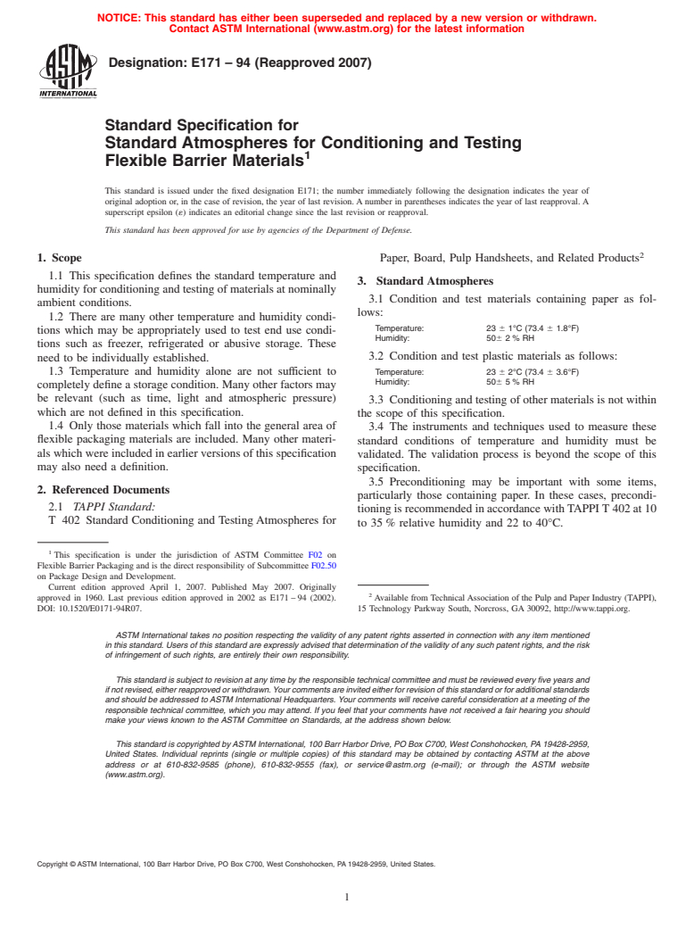 ASTM E171-94(2007) - Standard Specification for Standard Atmospheres for Conditioning and Testing Flexible Barrier Materials