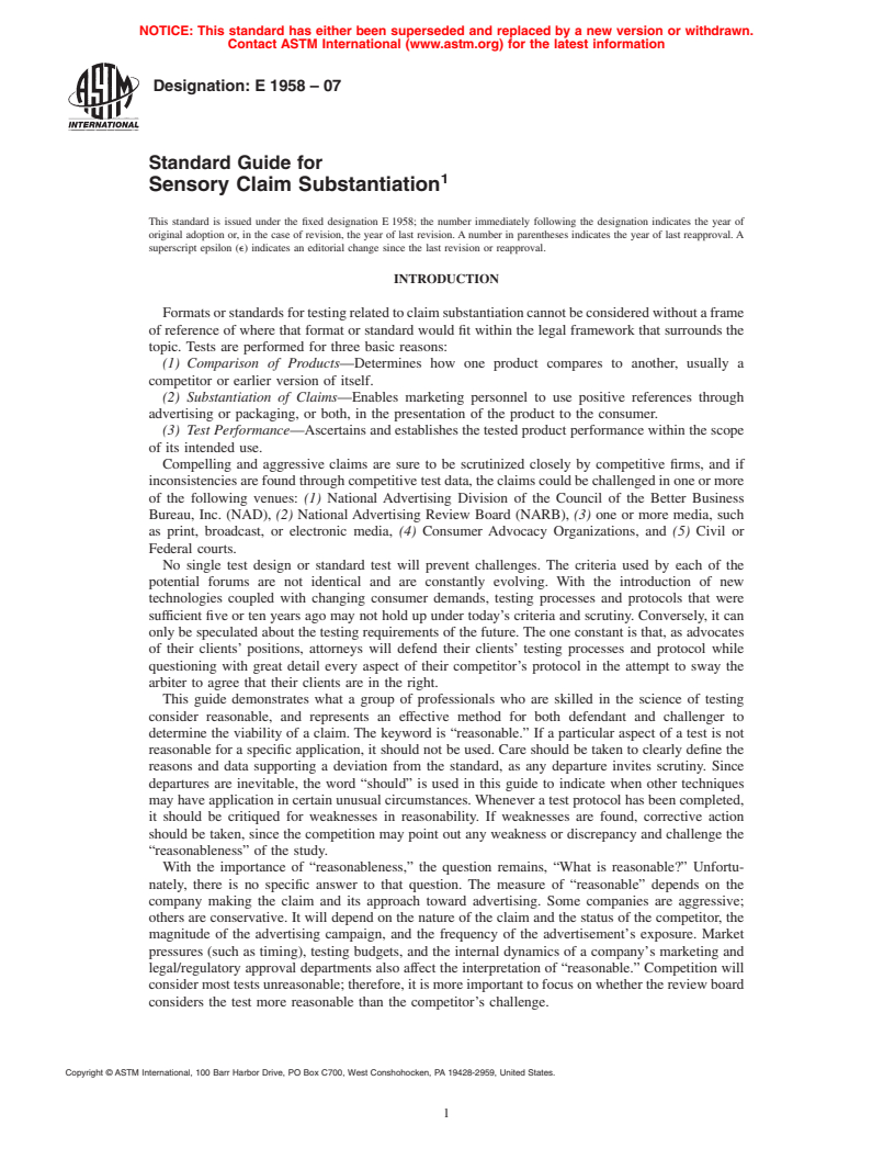 ASTM E1958-07 - Standard Guide for Sensory Claim Substantiation