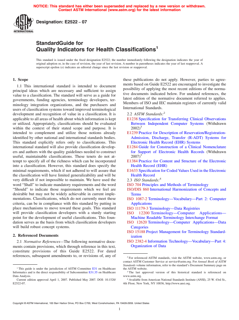 ASTM E2522-07 - Standard Guide for Quality Indicators for Health Classification