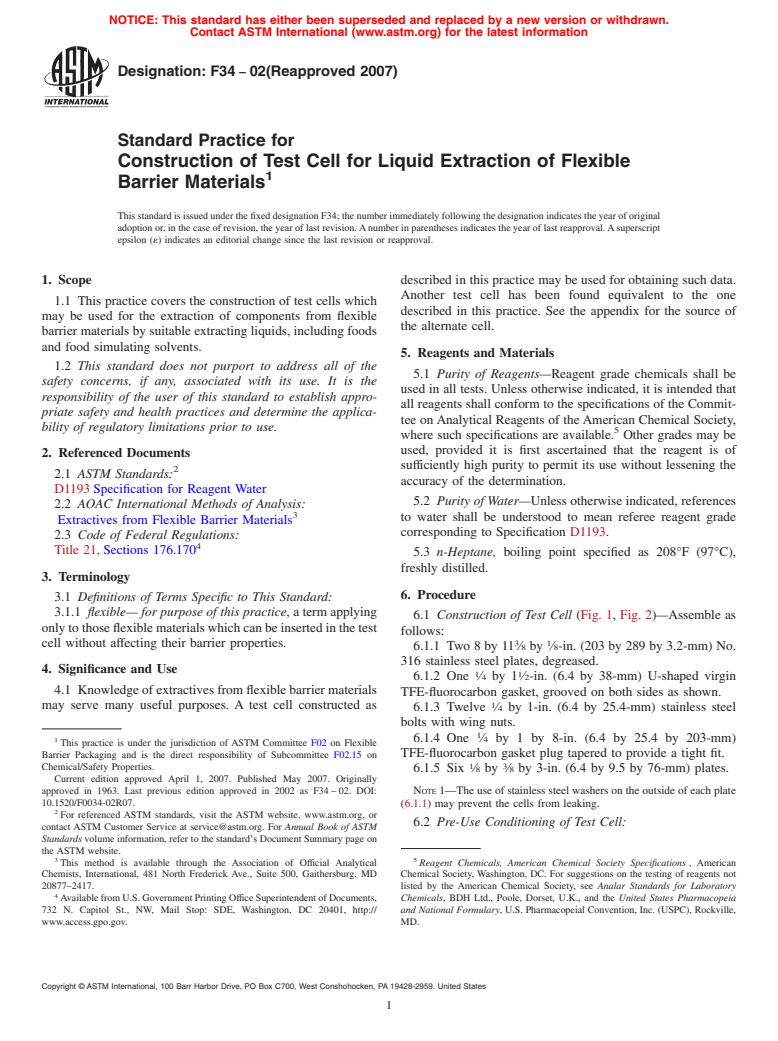 ASTM F34-02(2007) - Standard Practice for Construction of Test Cell for Liquid Extraction of Flexible Barrier Materials