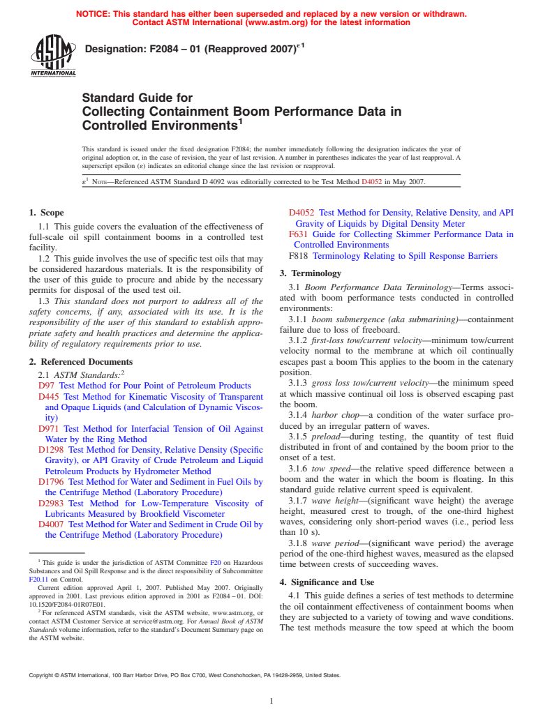 ASTM F2084-01(2007)e1 - Standard Guide for Collecting Containment Boom Performance Data in Controlled Environments