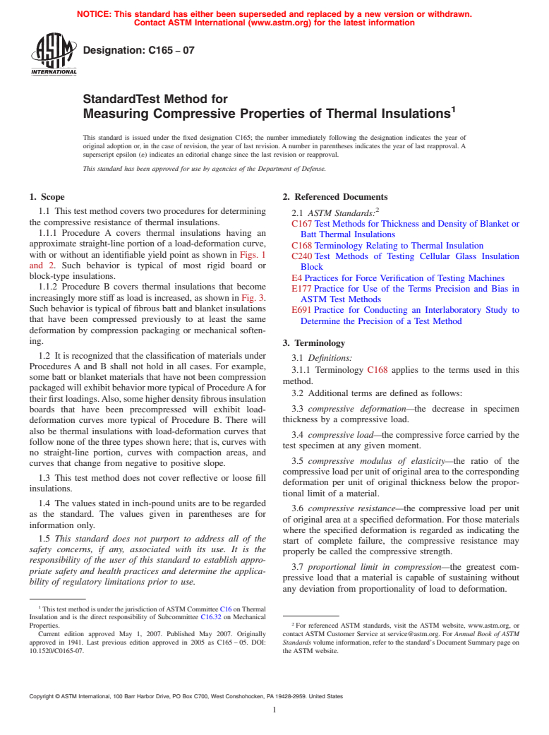 ASTM C165-07 - Standard Test Method for Measuring Compressive Properties of Thermal Insulations