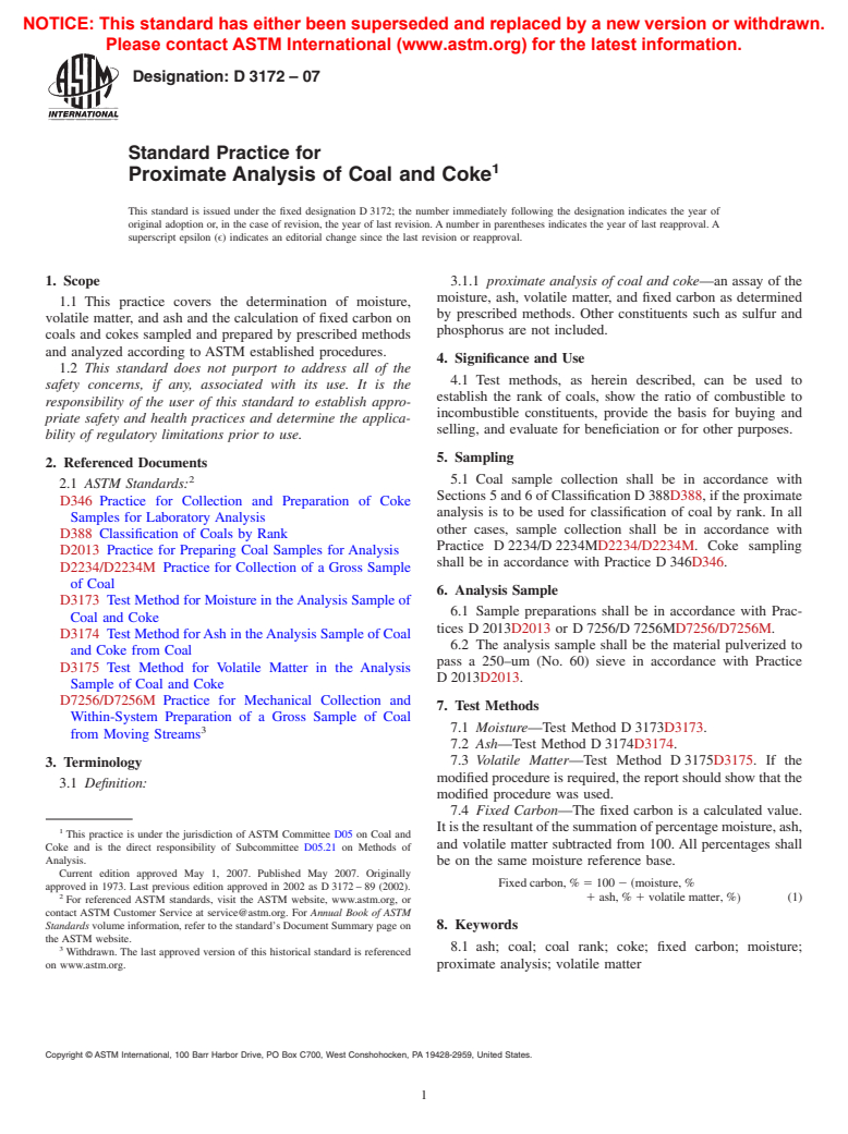 ASTM D3172-07 - Standard Practice for Proximate Analysis of Coal and Coke