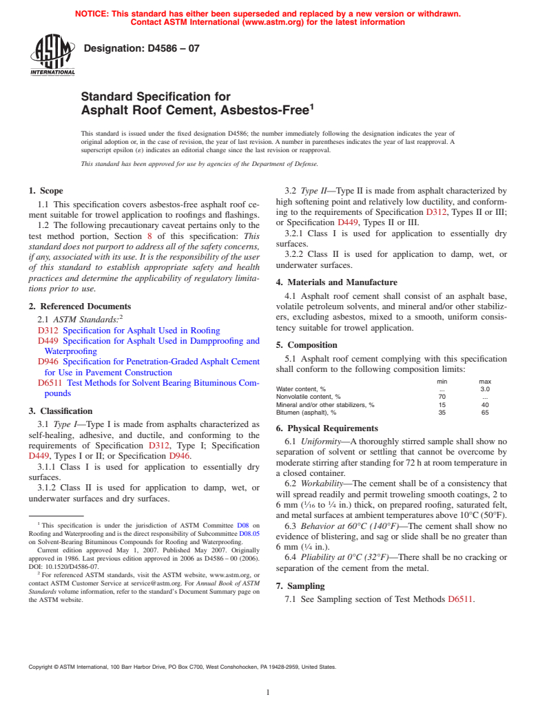 ASTM D4586-07 - Standard Specification for Asphalt Roof Cement, Asbestos-Free