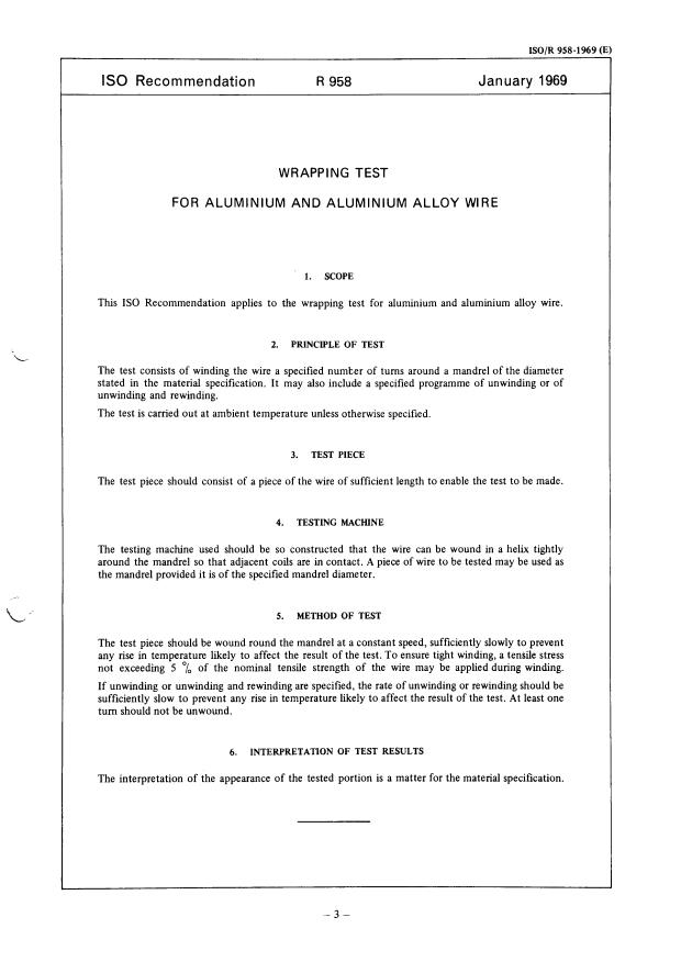 ISO/R 958:1969 - Wrapping test for aluminium and aluminium alloy wire
