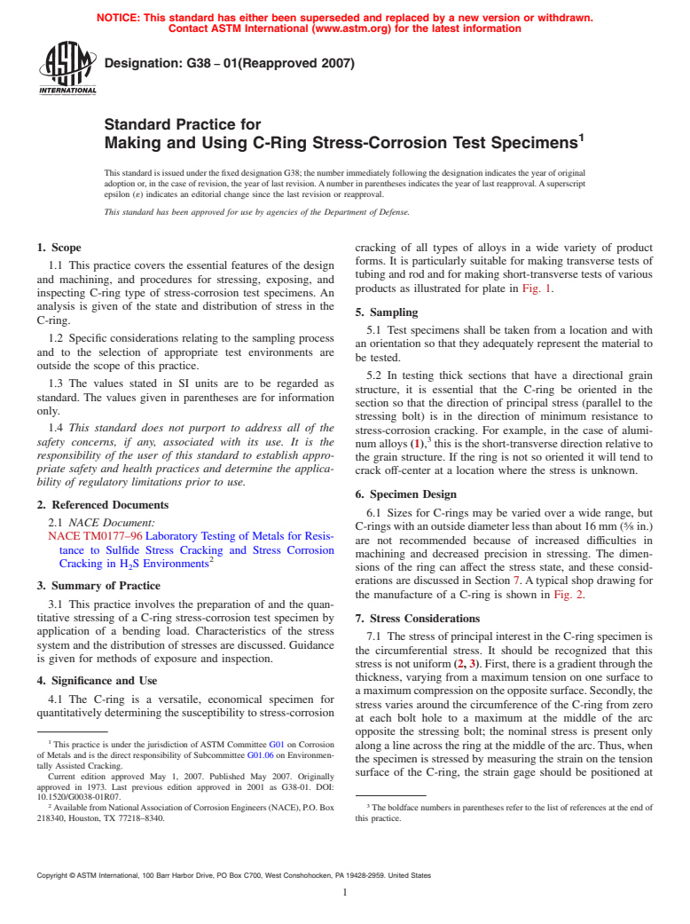 ASTM G38-01(2007) - Standard Practice for Making and Using C-Ring Stress-Corrosion Test Specimens