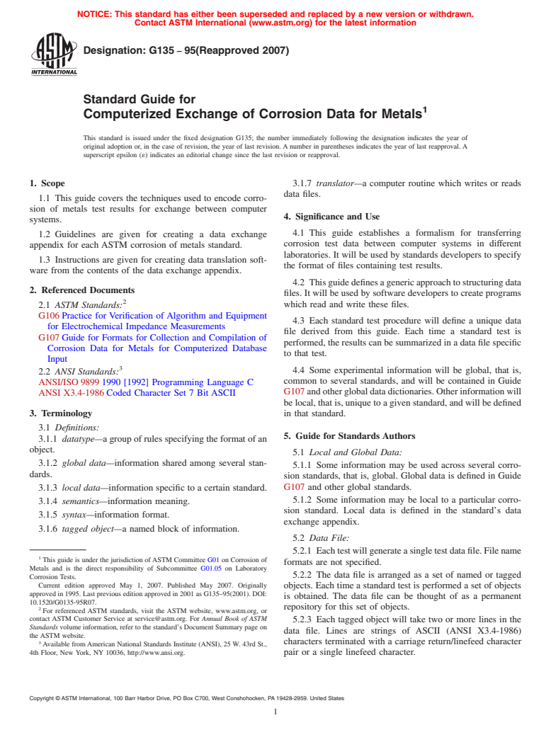 ASTM G135-95(2007) - Standard Guide for Computerized Exchange of Corrosion Data for Metals