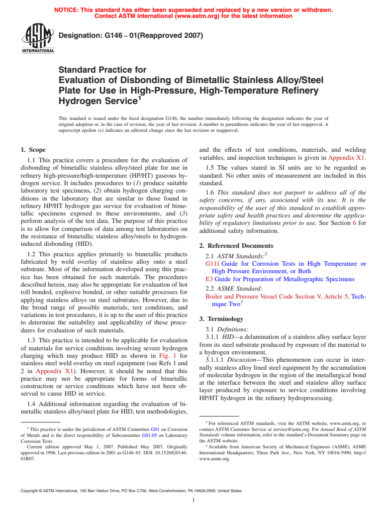 ASTM G146-01(2007) - Standard Practice for Evaluation of Disbonding of Bimetallic Stainless Alloy/Steel Plate for Use in High-Pressure, High-Temperature Refinery Hydrogen Service