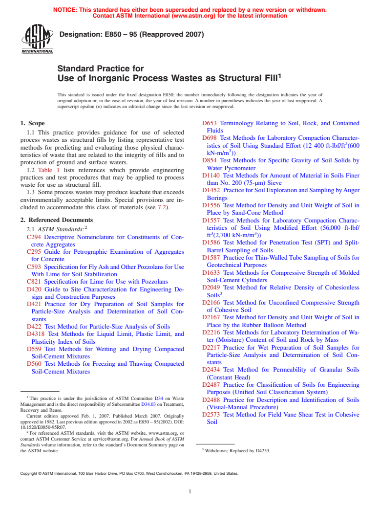 ASTM E850-95(2007) - Standard Practice for Use of Inorganic Process Wastes as Structural Fill