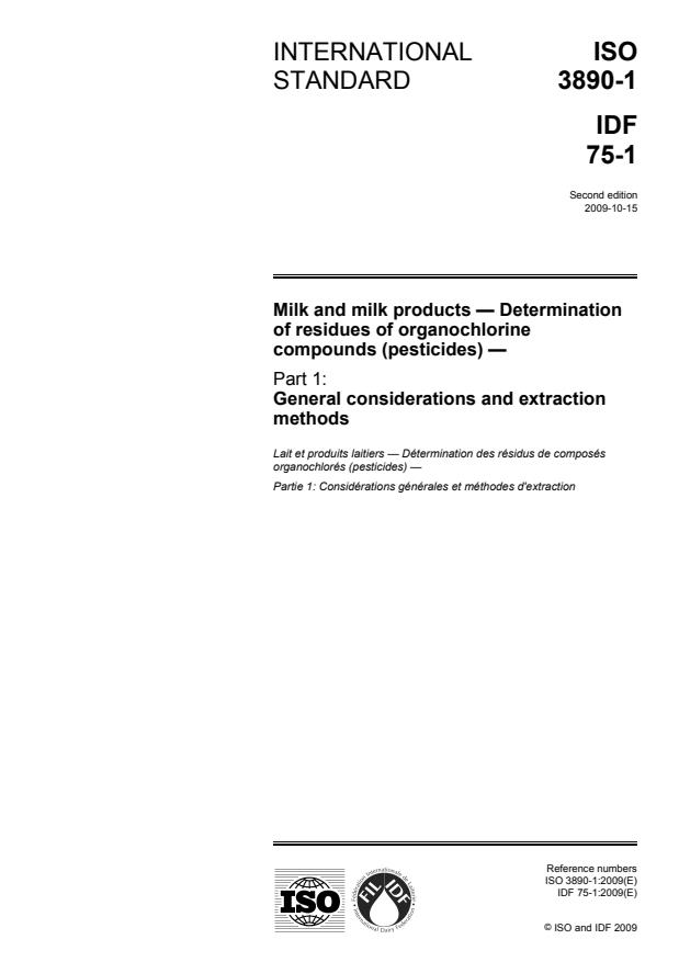 ISO 3890-1:2009 - Milk and milk products -- Determination of residues of organochlorine compounds (pesticides)