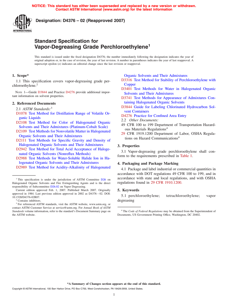 ASTM D4376-02(2007) - Standard Specification for Vapor-Degreasing Grade Perchloroethylene