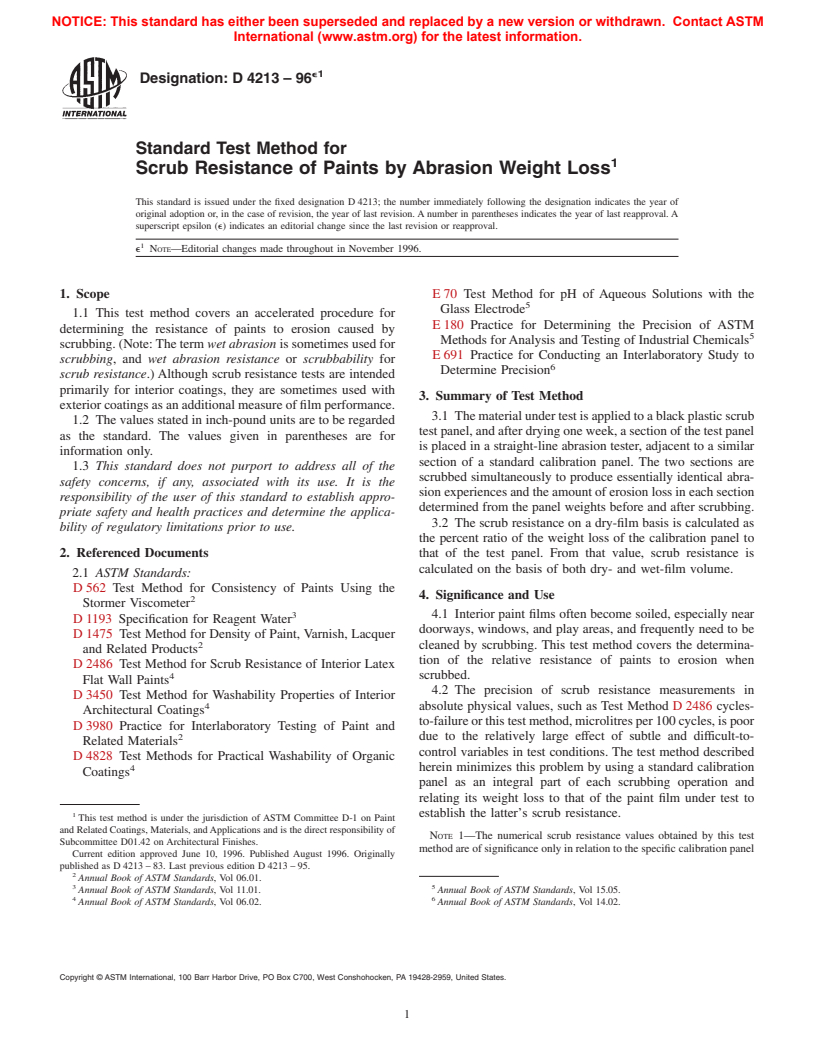 ASTM D4213-96e1 - Standard Test Method for Scrub Resistance of Paints by Abrasion Weight Loss