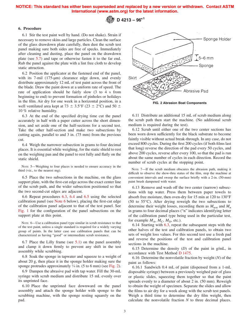 ASTM D4213-96e1 - Standard Test Method for Scrub Resistance of Paints by Abrasion Weight Loss