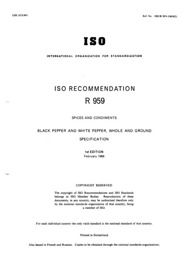 ISO/R 959:1969 - Spices and condiments -- Black pepper and white pepper, whole and ground -- Specification