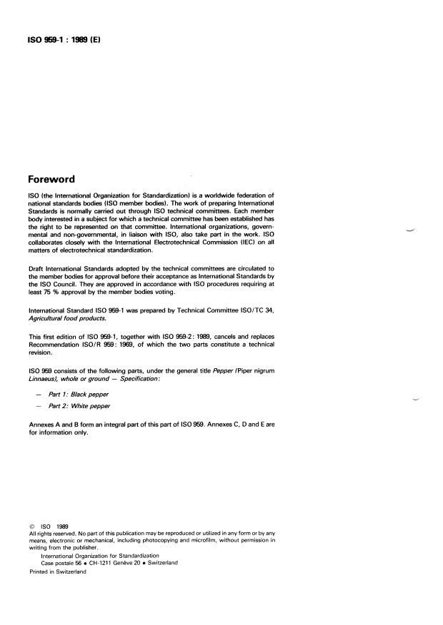 ISO 959-1:1989 ISO 959-1:1989 - Pepper (Piper nigrum Linnaeus), whole or ground -- Specification - Page 2 preview