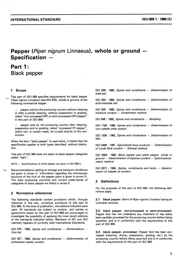 ISO 959-1:1989 - Pepper (Piper nigrum Linnaeus), whole or ground -- Specification
