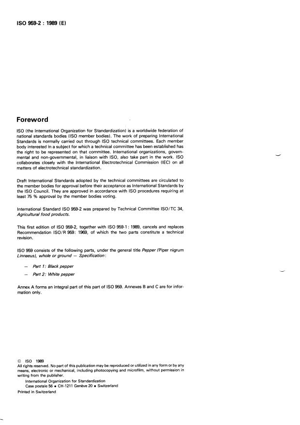 ISO 959-2:1989 ISO 959-2:1989 - Pepper (Piper nigrum Linnaeus), whole or ground -- Specification - Page 2 preview