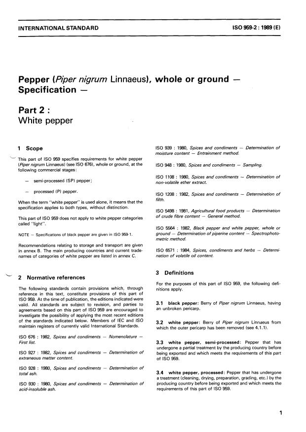 ISO 959-2:1989 - Pepper (Piper nigrum Linnaeus), whole or ground -- Specification