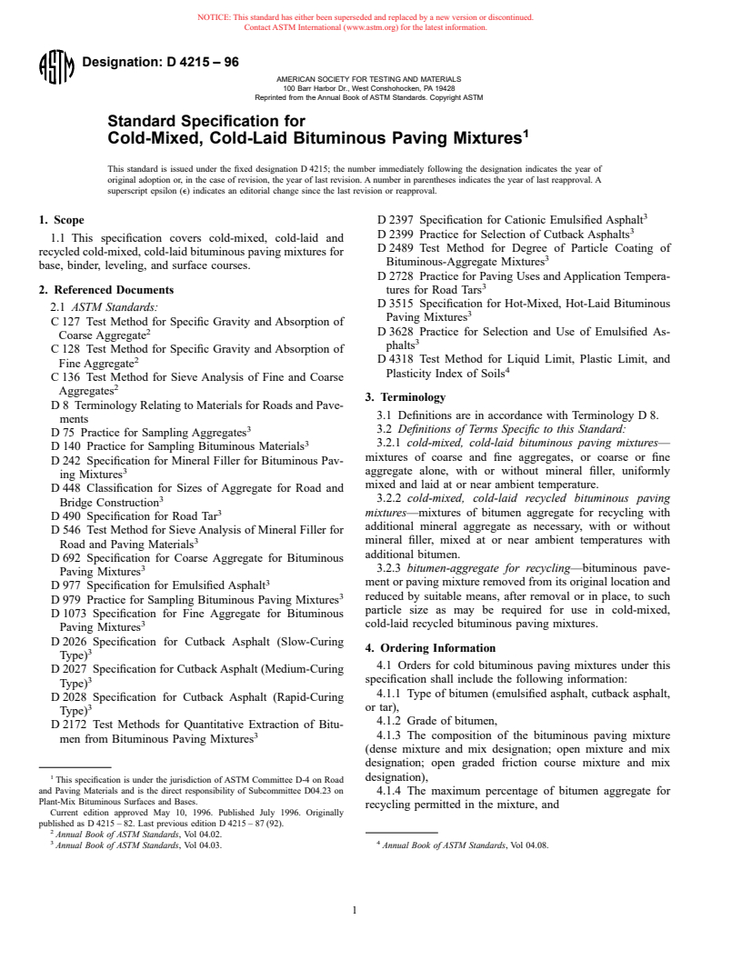 ASTM D4215-96 - Standard Specification for Cold-Mixed, Cold-Laid Bituminous Paving Mixtures