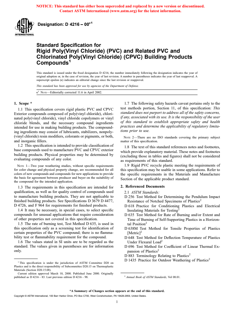 ASTM D4216-00e1 - Standard Specification for Rigid Poly (Vinyl Chloride) (PVC) and Related PVC and Chlorinated Poly (Vinyl Chloride) (CPVC) Building Products Compounds