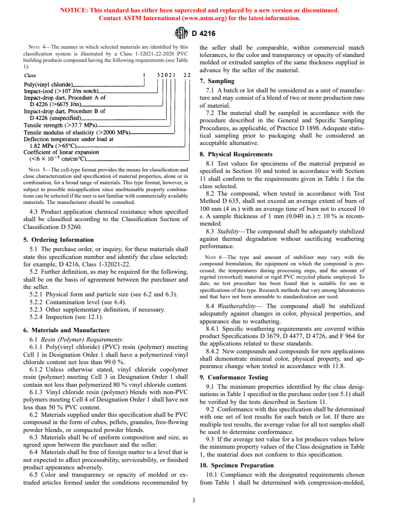 ASTM D4216-00e1 - Standard Specification for Rigid Poly (Vinyl Chloride) (PVC) and Related PVC and Chlorinated Poly (Vinyl Chloride) (CPVC) Building Products Compounds