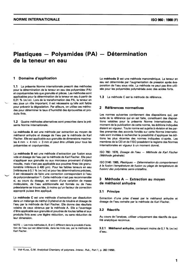 ISO 960:1988 - Plastiques -- Polyamides (PA) -- Détermination de la teneur en eau