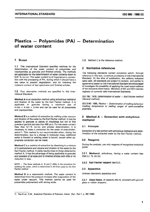 ISO 960:1988 - Plastics -- Polyamides (PA) -- Determination of water content
