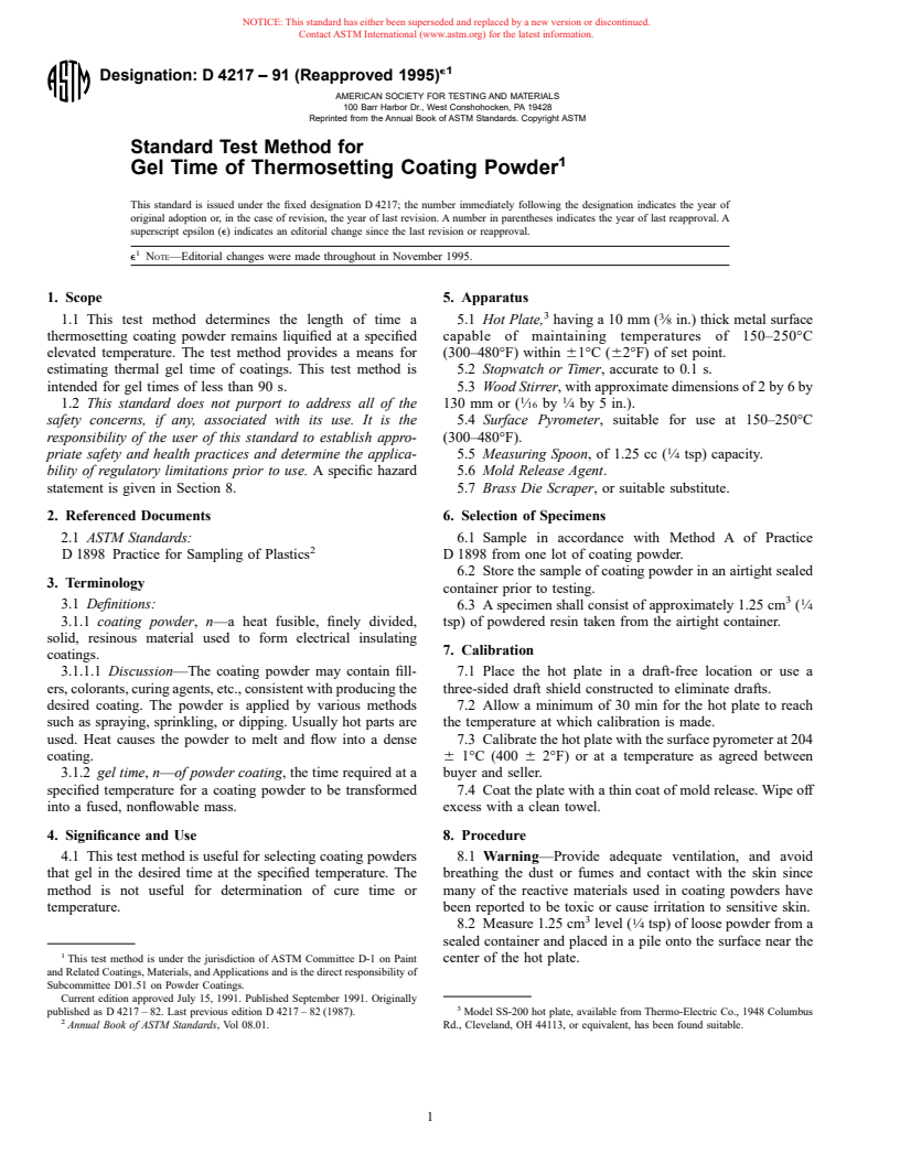 ASTM D4217-91(1995)e1 - Standard Test Method for Gel Time of Thermosetting Coating Powder