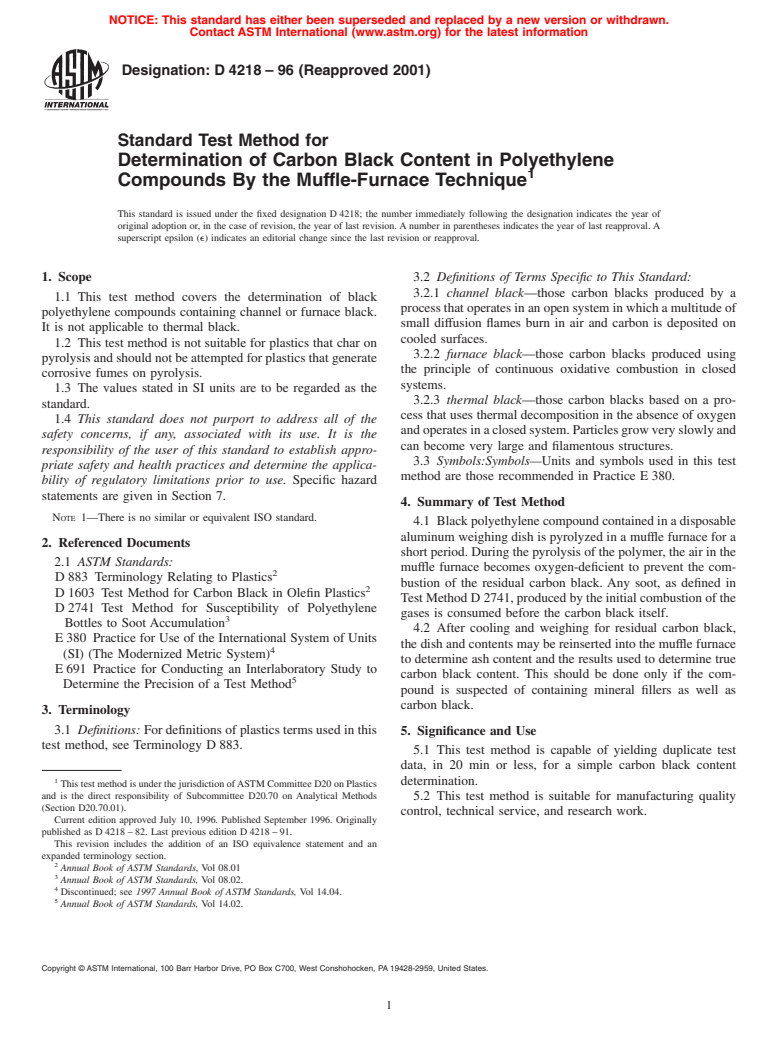 ASTM D4218-96(2001) - Standard Test Method for Determination of Carbon Black Content in Polyethylene Compounds By the Muffle-Furnace Technique