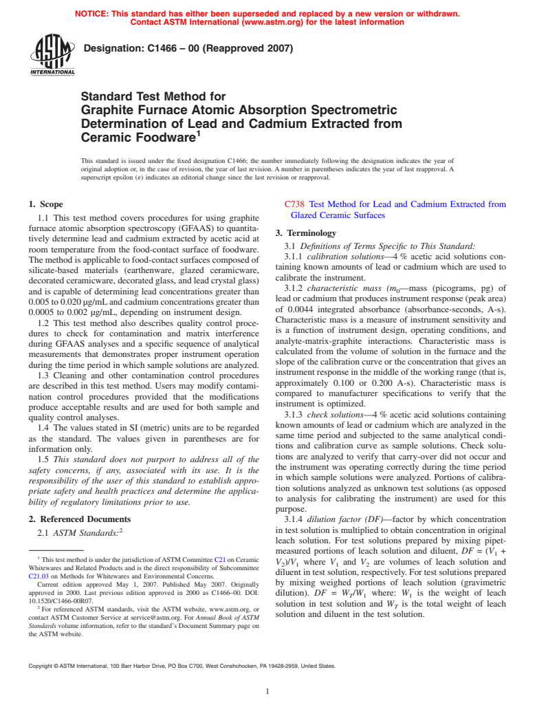 ASTM C1466-00(2007) - Standard Test Method for Graphite Furnace Atomic Absorption Spectrometric Determination of Lead and Cadmium Extracted from Ceramic Foodware