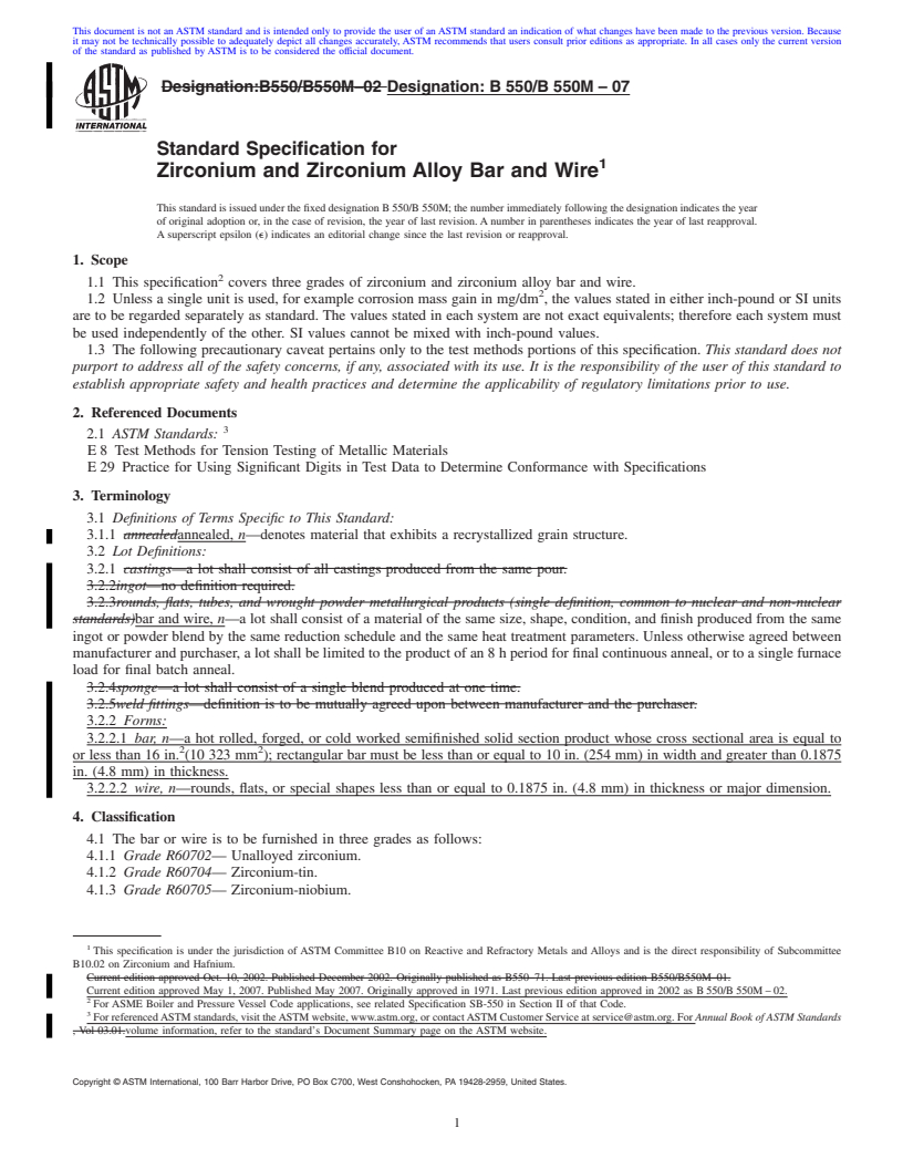 REDLINE ASTM B550/B550M-07 - Standard Specification for Zirconium and Zirconium Alloy Bar and Wire