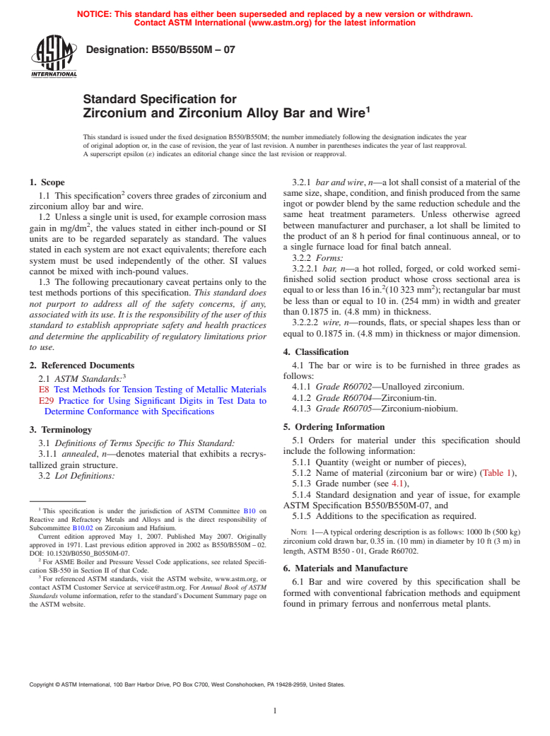 ASTM B550/B550M-07 - Standard Specification for Zirconium and Zirconium Alloy Bar and Wire
