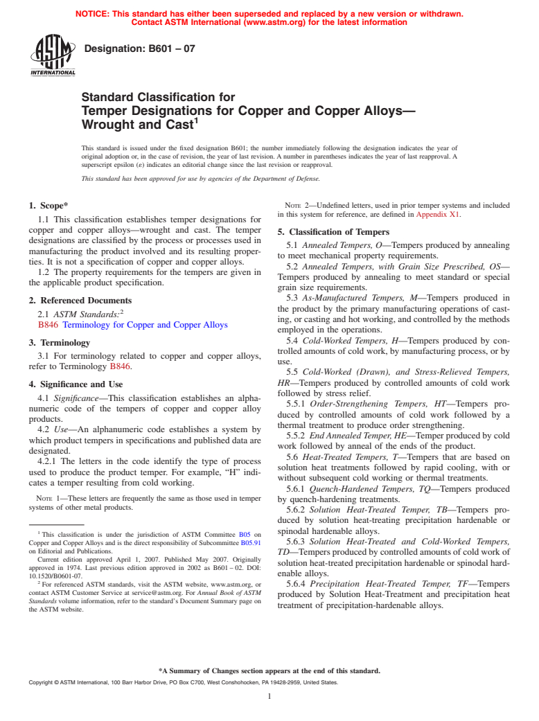 ASTM B601-07 - Standard Classification for Temper Designations for Copper and Copper Alloys&#8212;Wrought and Cast
