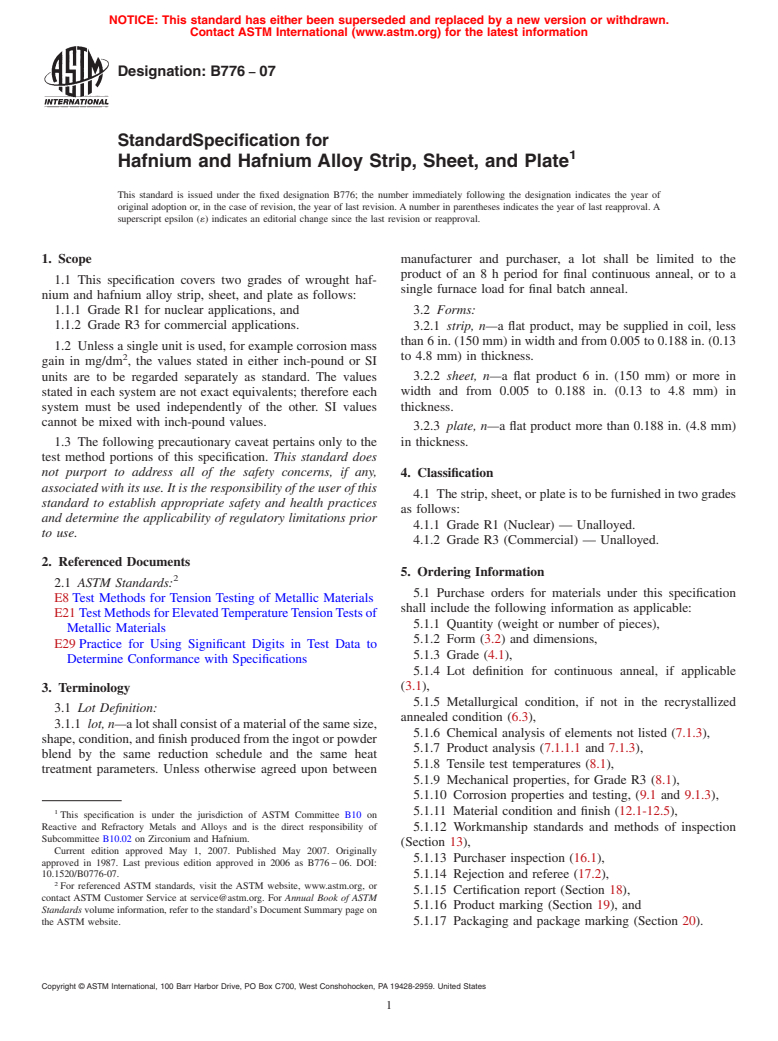 ASTM B776-07 - Standard Specification for Hafnium and Hafnium Alloy Strip, Sheet, and Plate