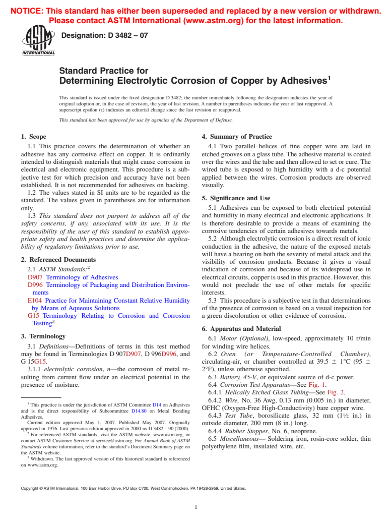 ASTM D3482-07 - Standard Practice for Determining Electrolytic Corrosion of Copper by Adhesives