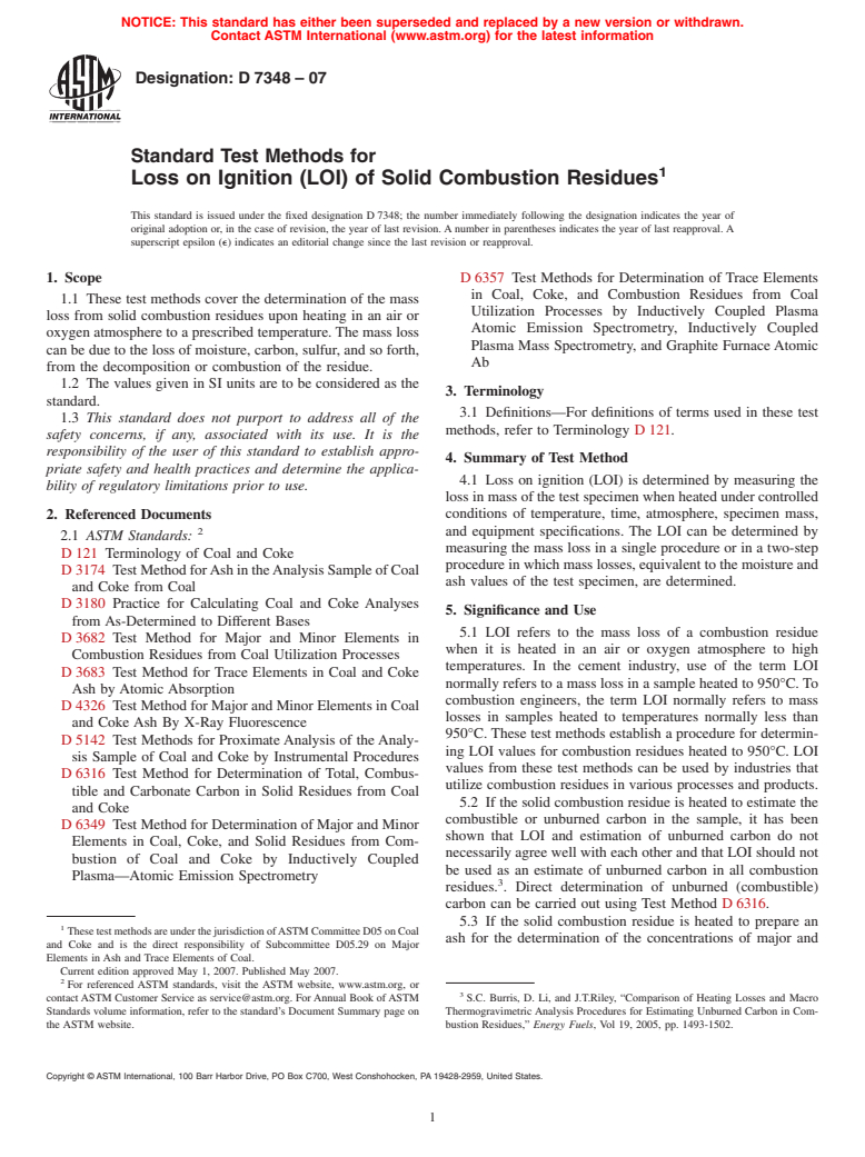 ASTM D7348-07 - Standard Test Methods for Loss on Ignition (LOI) of Solid Combustion Residues