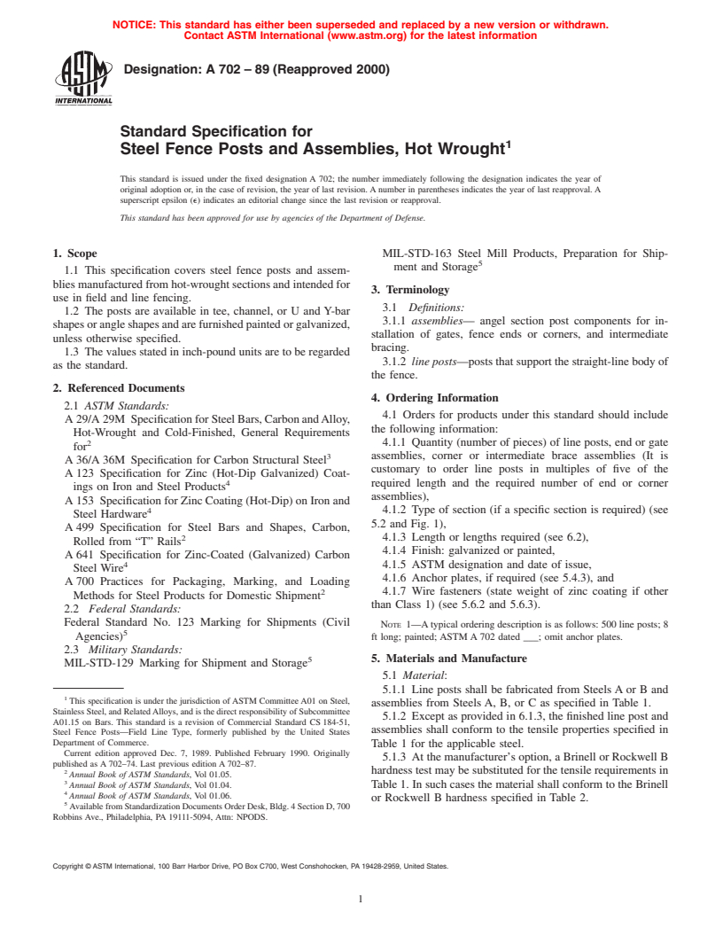 ASTM A702-89(2000) - Standard Specification for Steel Fence Posts and Assemblies, Hot Wrought