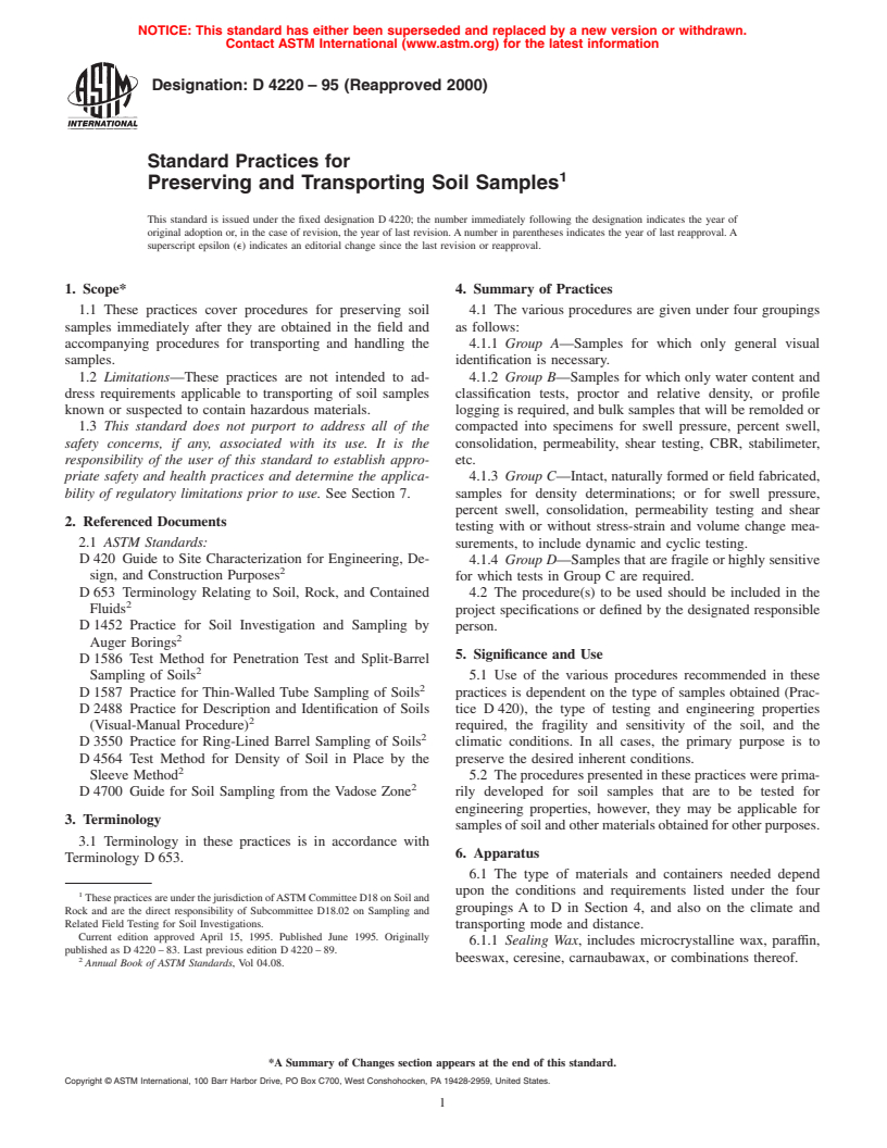 ASTM D4220-95(2000) - Standard Practices for Preserving and Transporting Soil Samples