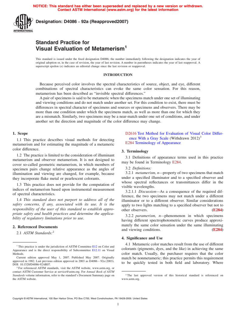 ASTM D4086-92a(2007) - Standard Practice for Visual Evaluation of Metamerism