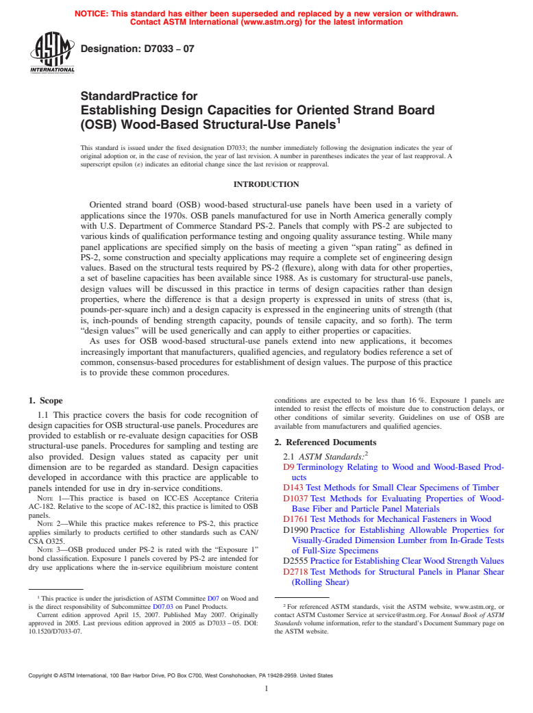 ASTM D7033-07 - Standard Practice for Establishing Design Capacities for Oriented Strand Board (OSB) Wood-Based Structural-Use Panels