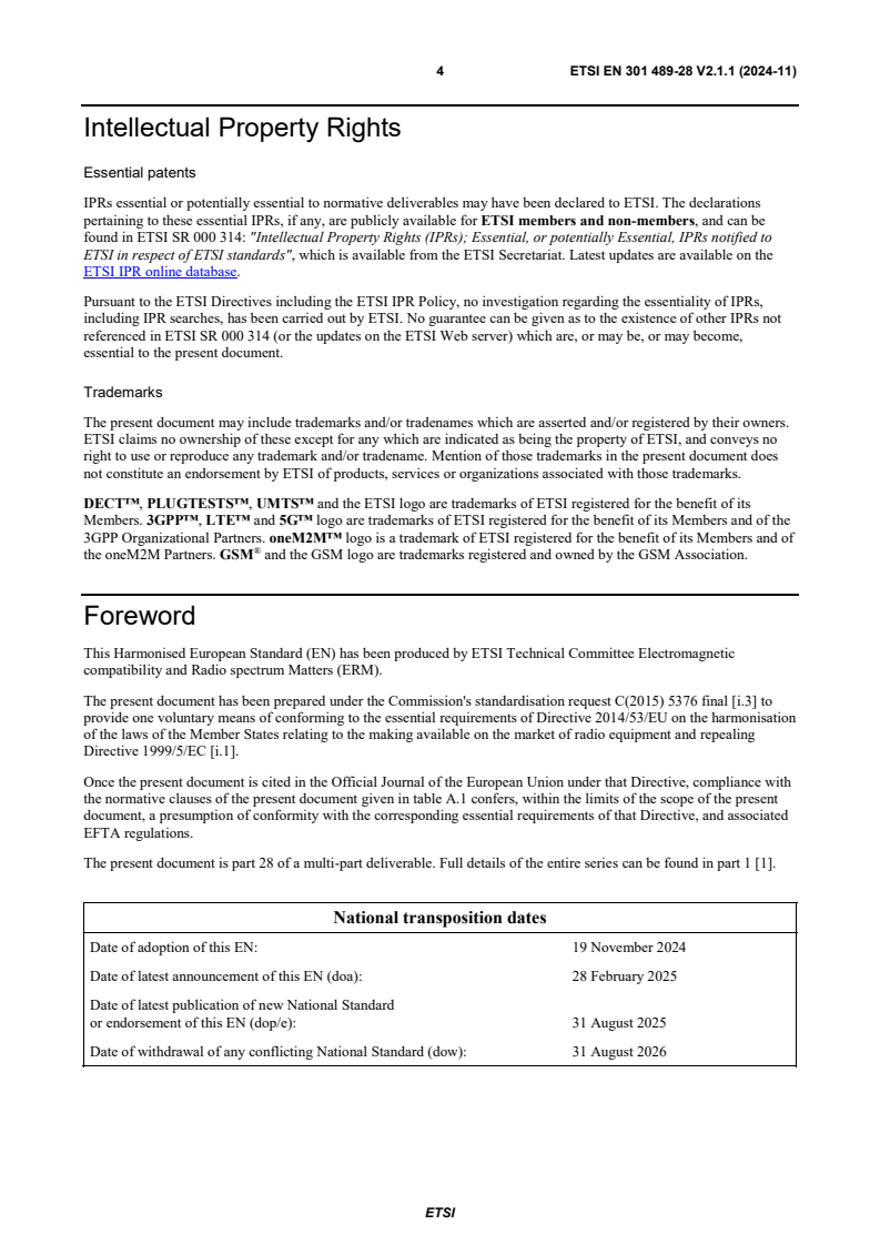 SIST EN 301 489-28 V2.1.1:2025 ETSI EN 301 489-28 V2.1.1 (2024-11) - ElectroMagnetic Compatibility (EMC) standard for radio equipment and services; Part 28: Specific conditions for wireless digital video links; Harmonised Standard for ElectroMagnetic Compatibility - Page 4 preview